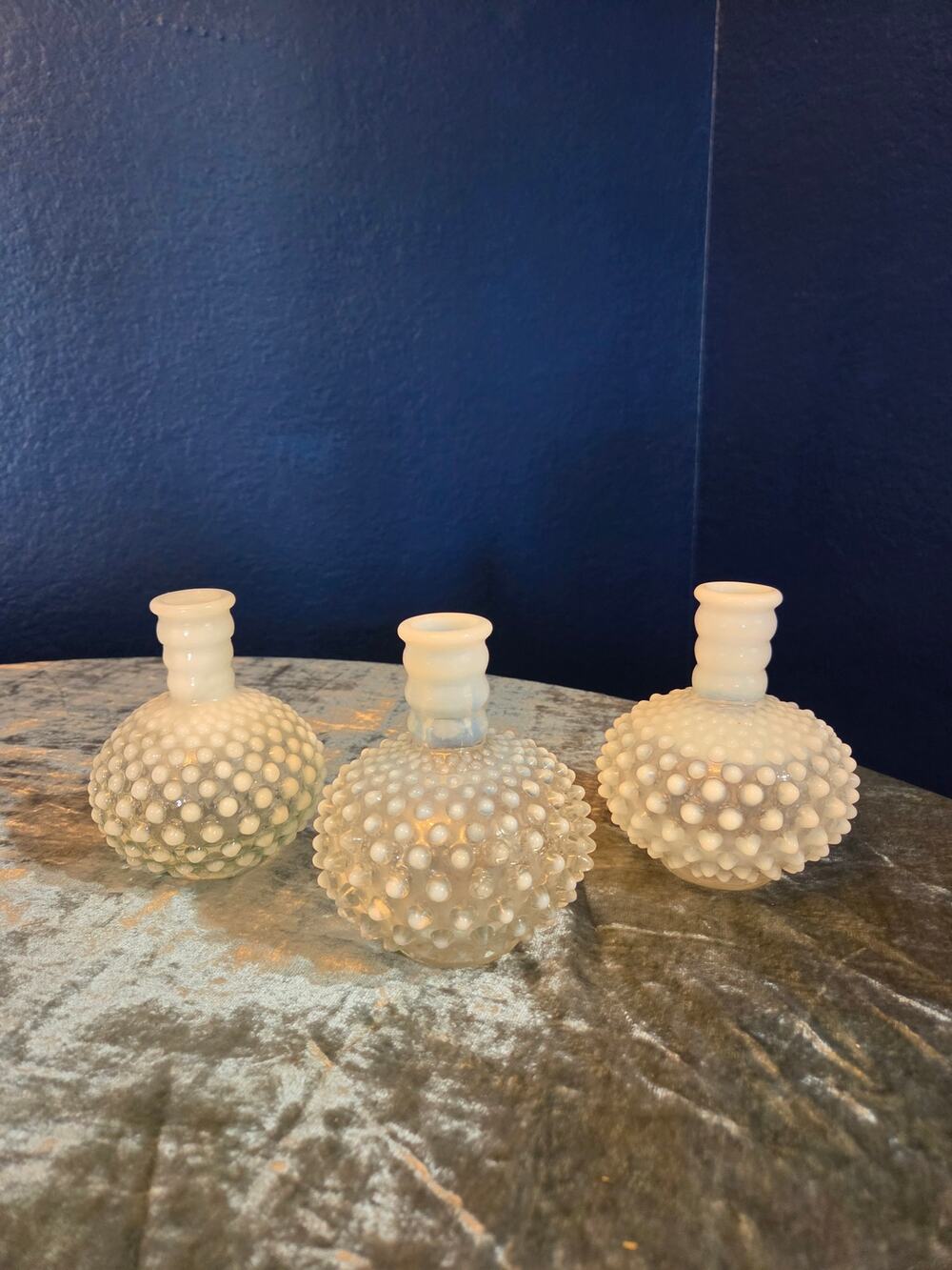 3 Vintage Fenton French Opalescent (Moonstone) Hobnail bottles
